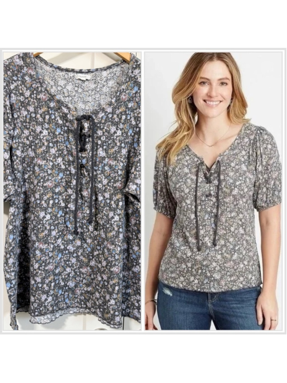 Maurices Gray Floral Lace-Up Blouse puff sleeves size 2X
